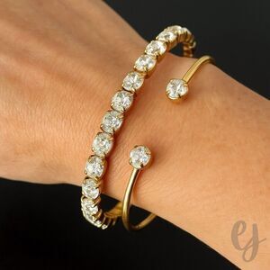 Set of 2 Gold Tone Bracelets with Crystals — Open Cuff Bangle and Stretch